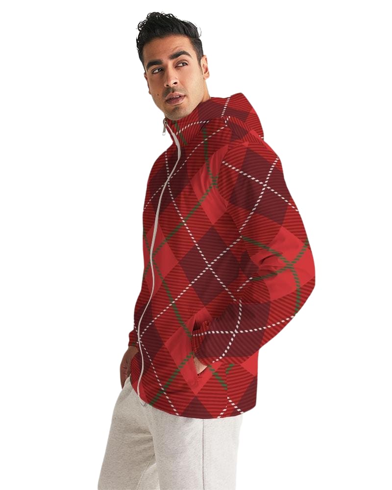 Mens Hooded Windbreaker - Red Tartan Plaid Water Resistant Jacket - Mens