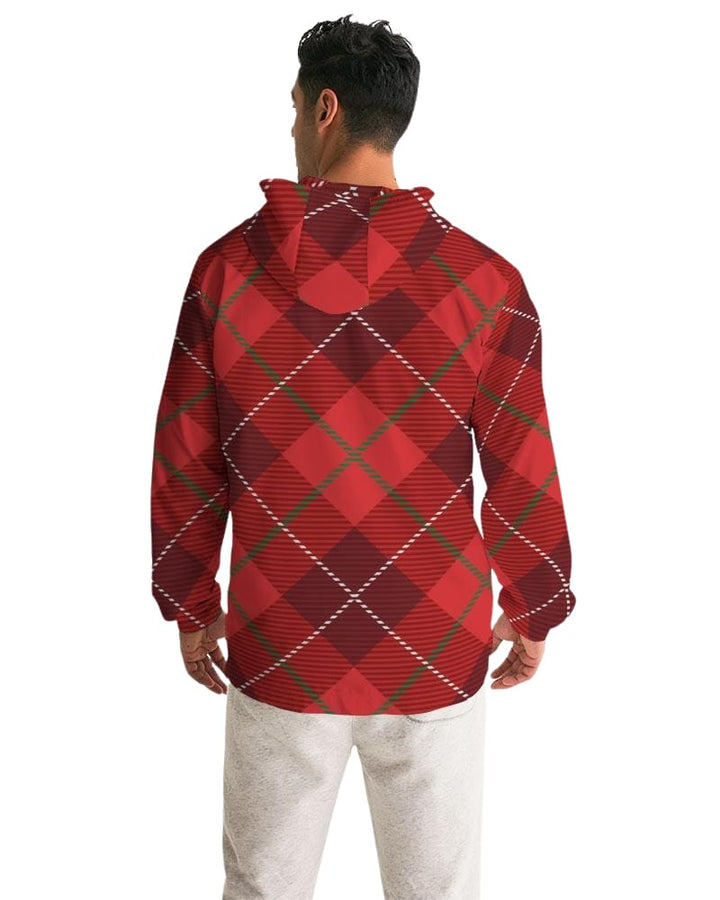 Mens Hooded Windbreaker - Red Tartan Plaid Water Resistant Jacket - Mens