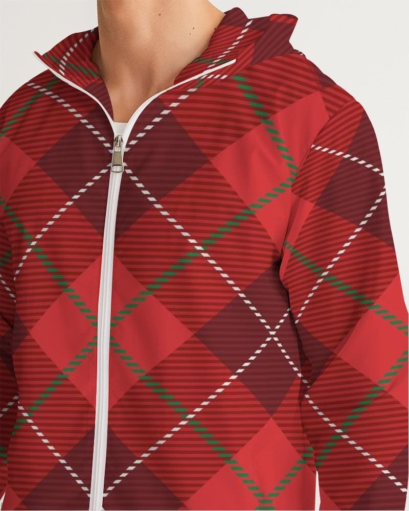 Mens Hooded Windbreaker - Red Tartan Plaid Water Resistant Jacket - Mens