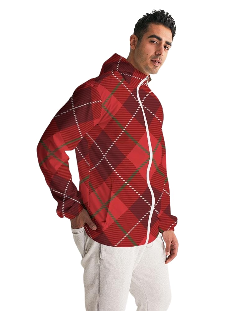 Mens Hooded Windbreaker - Red Tartan Plaid Water Resistant Jacket - Mens