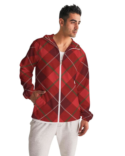 Mens Hooded Windbreaker - Red Tartan Plaid Water Resistant Jacket - Mens