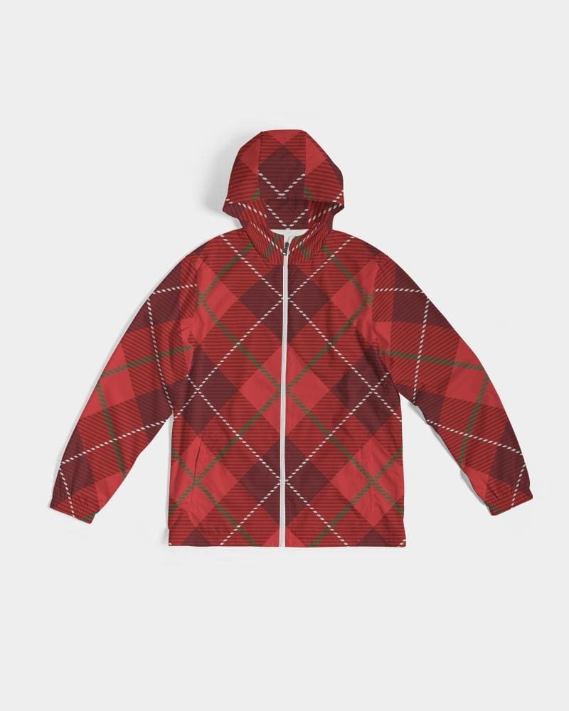 Mens Hooded Windbreaker - Red Tartan Plaid Water Resistant Jacket - Mens