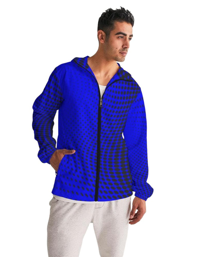 Mens Hooded Windbreaker - Royal Blue Polka Dot Water Resistant Jacket - Mens