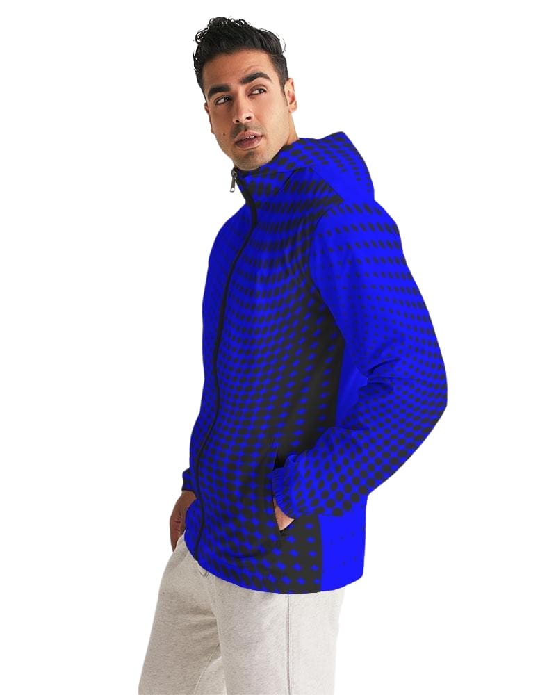 Mens Hooded Windbreaker - Royal Blue Polka Dot Water Resistant Jacket - Mens