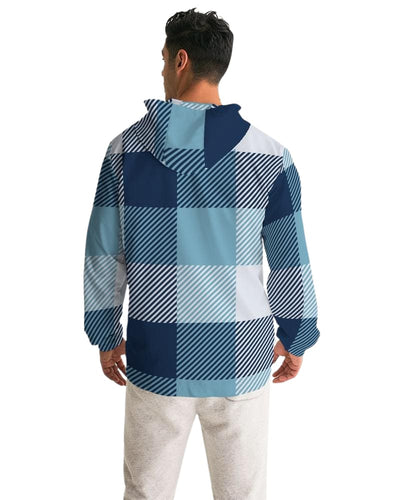 Mens Hooded Windbreaker - Tartan Plaid Blue Water Resistant Jacket - Mens