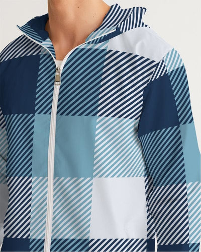 Mens Hooded Windbreaker - Tartan Plaid Blue Water Resistant Jacket - Mens