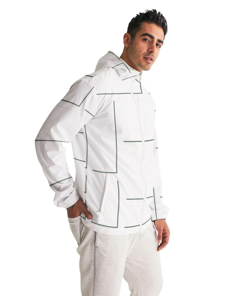 Mens Hooded Windbreaker - White Grid Pattern Water Resistant Jacket - Mens