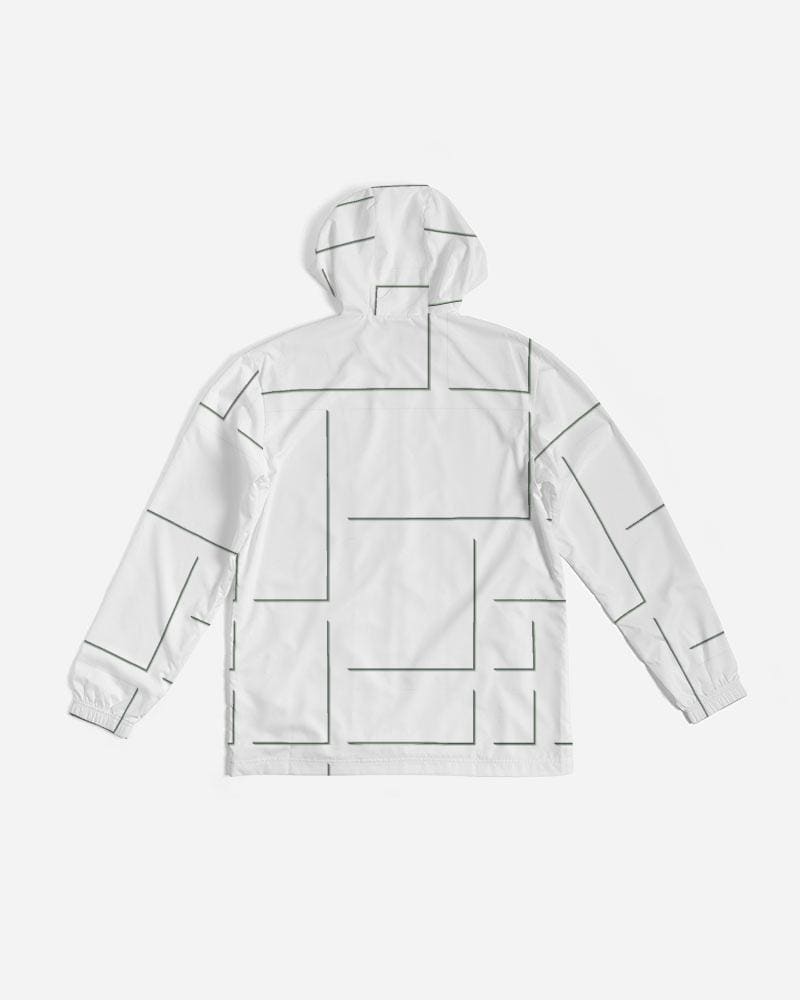 Mens Hooded Windbreaker - White Grid Pattern Water Resistant Jacket - Mens