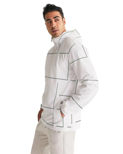 Mens Hooded Windbreaker - White Grid Pattern Water Resistant Jacket - Jl550x -