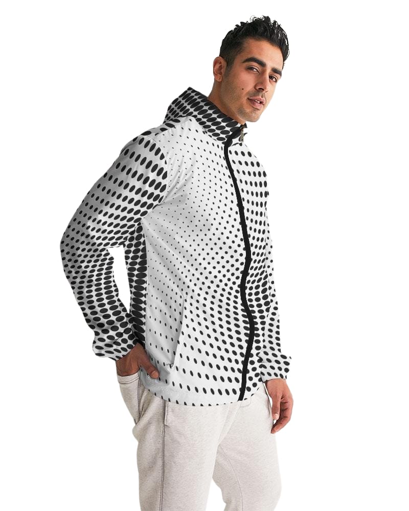 Mens Hooded Windbreaker - White Polka Dot Water Resistant Jacket - Mens