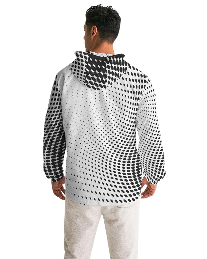 Mens Hooded Windbreaker - White Polka Dot Water Resistant Jacket - Mens