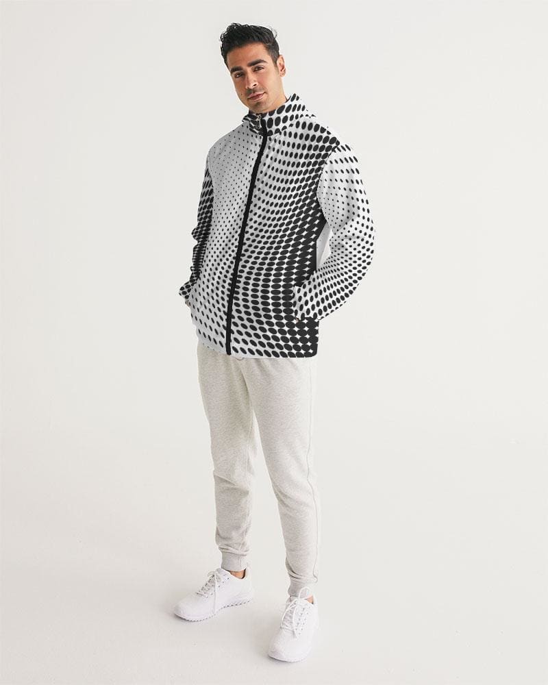 Mens Hooded Windbreaker - White Polka Dot Water Resistant Jacket - Mens