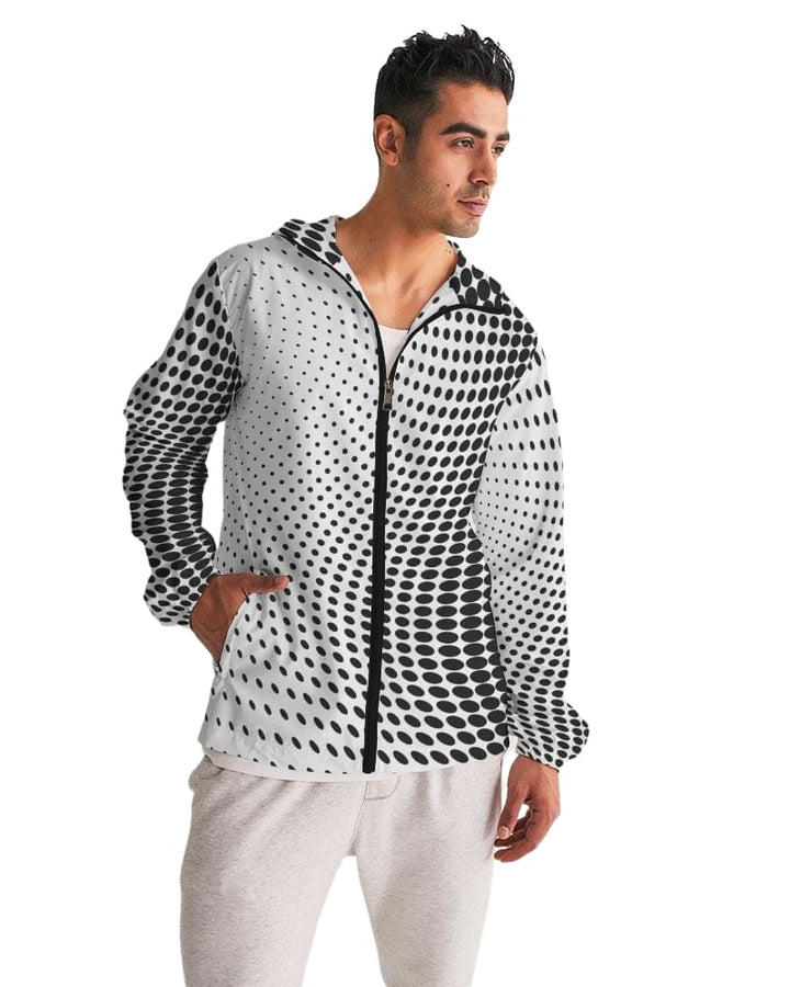 Mens Hooded Windbreaker - White Polka Dot Water Resistant Jacket - Mens