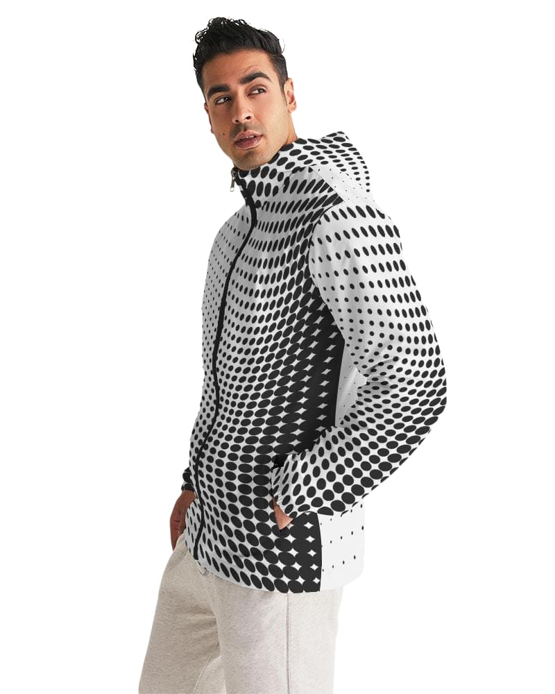 Mens Hooded Windbreaker - White Polka Dot Water Resistant Jacket - Mens