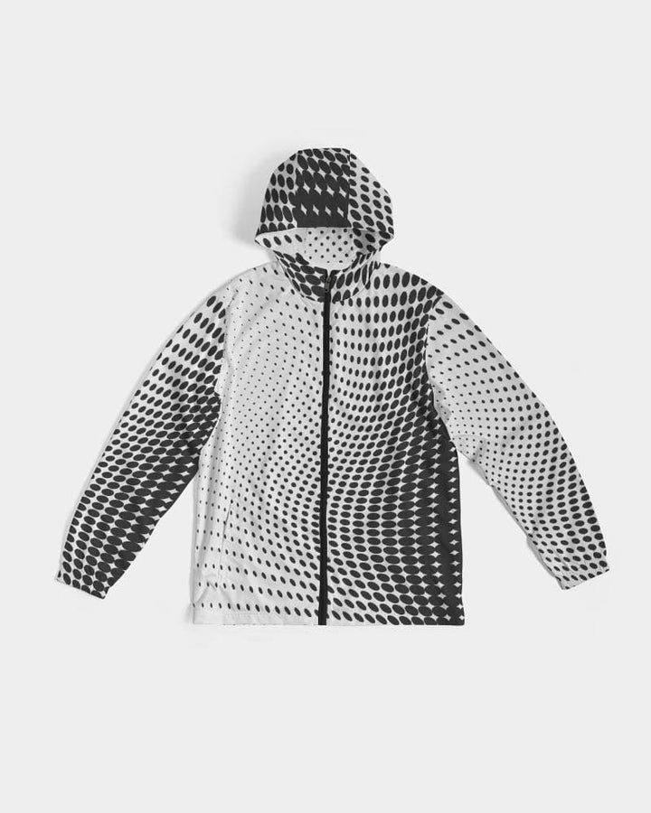 Mens Hooded Windbreaker - White Polka Dot Water Resistant Jacket - Mens