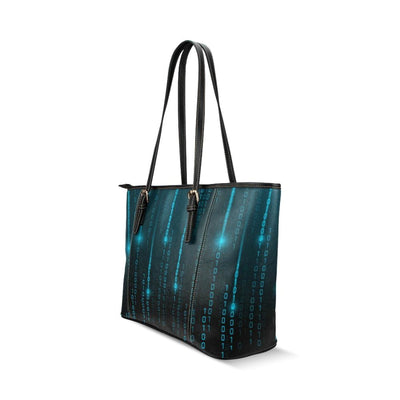 Large Leather Tote Shoulder Bag - Black And Blue Matrix Pattern Illustration -