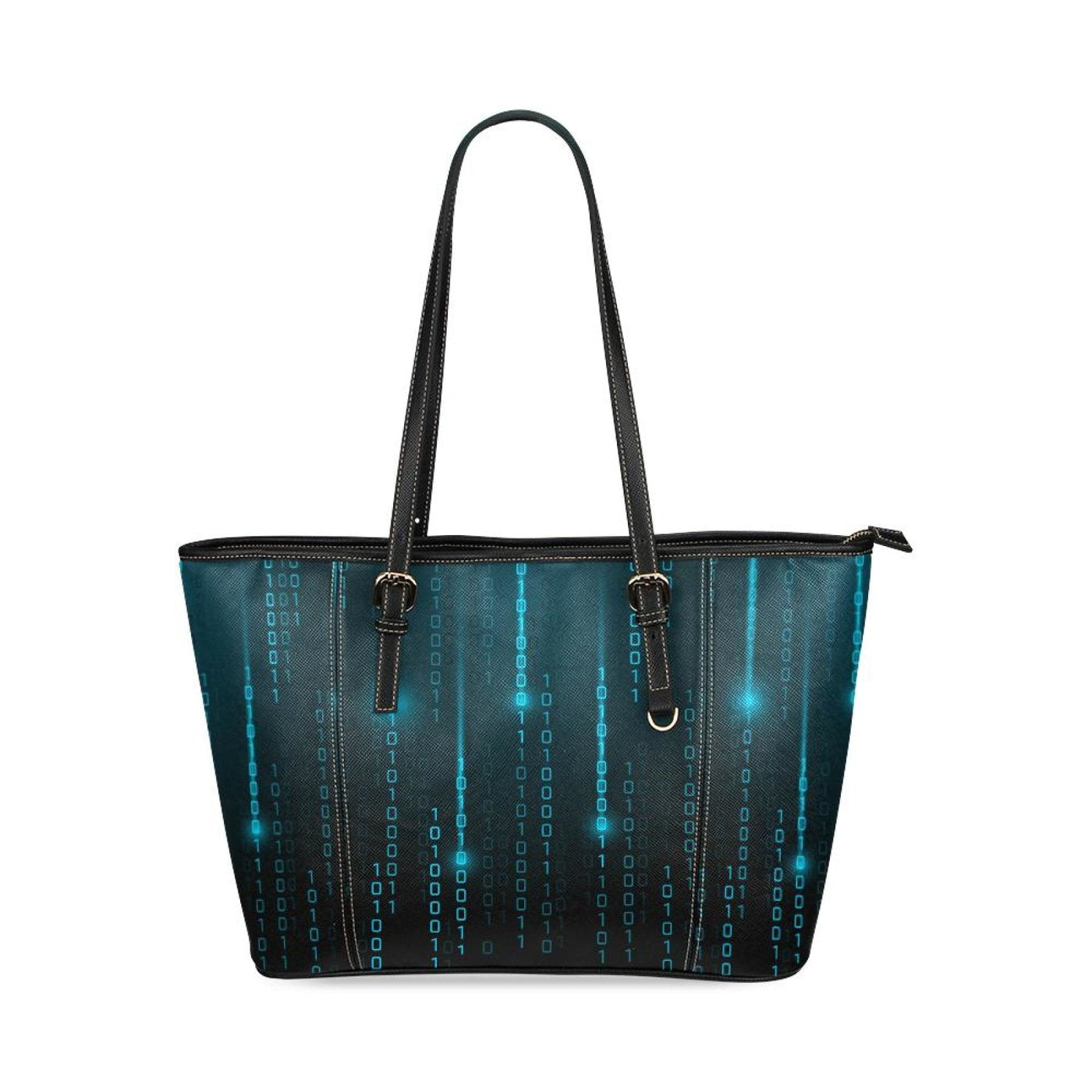 Large Leather Tote Shoulder Bag - Black And Blue Matrix Pattern Illustration -