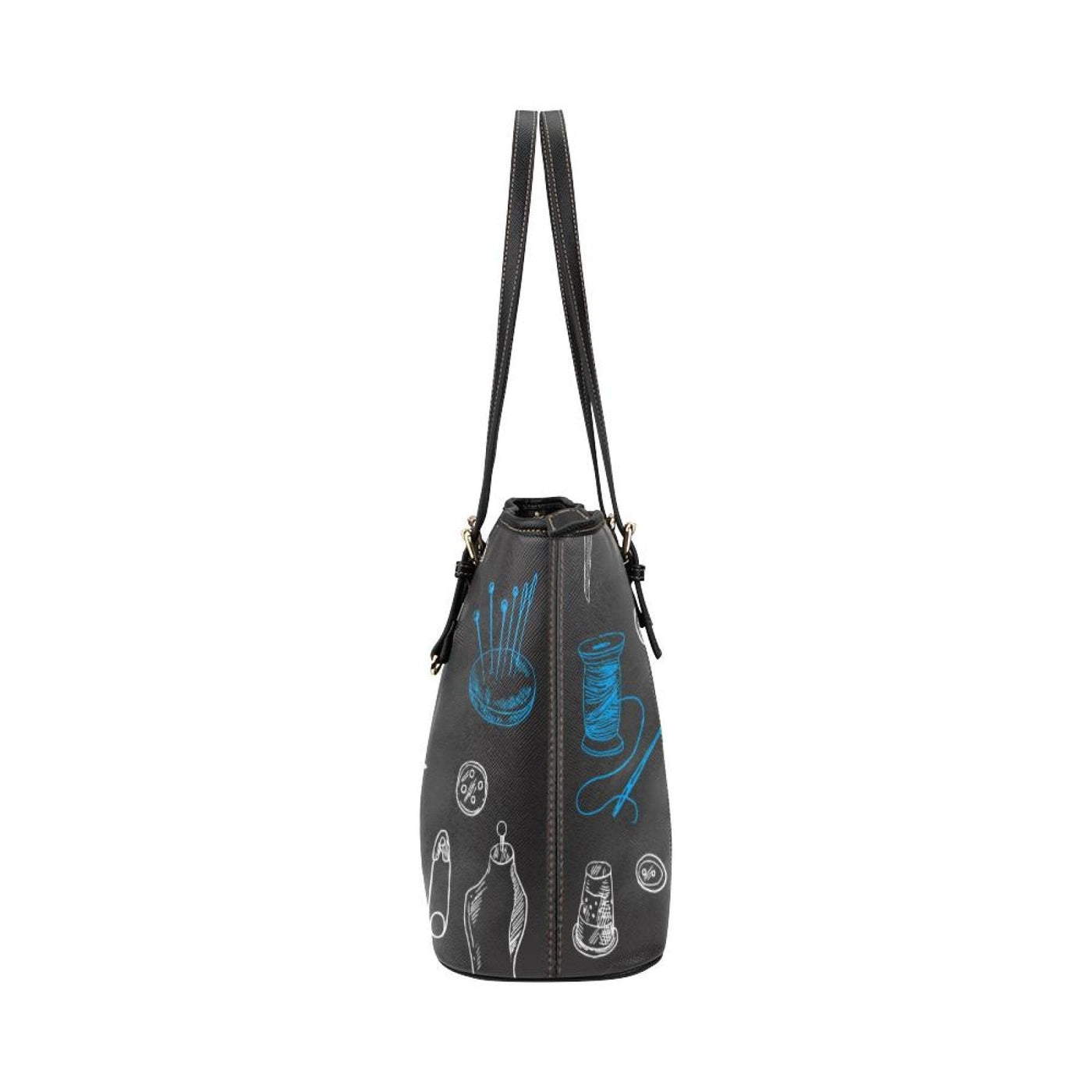Large Leather Tote Shoulder Bag - Black And Blue Seamstress Pattern Illustration