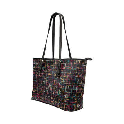 Large Leather Tote Shoulder Bag - Black Colorful Stripped Pattern Illustration -