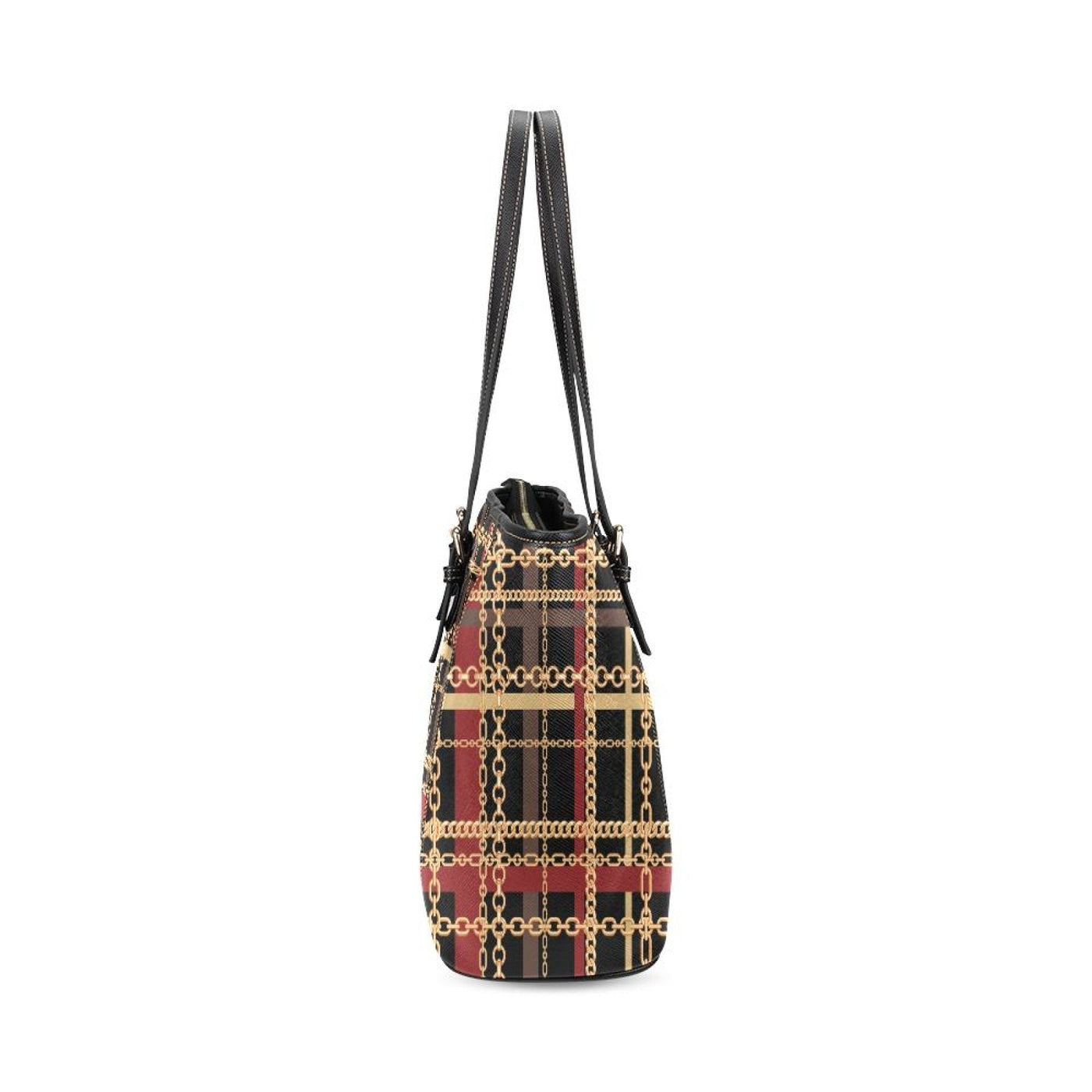 Large Leather Tote Shoulder Bag - Black Red And Gold Chain Link Pattern
