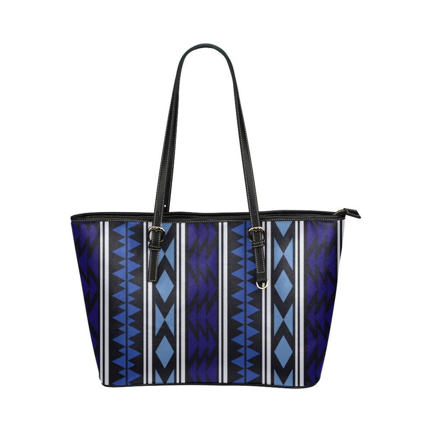Large Leather Tote Shoulder Bag - Blue Aztec Pattern Illustration - Bags