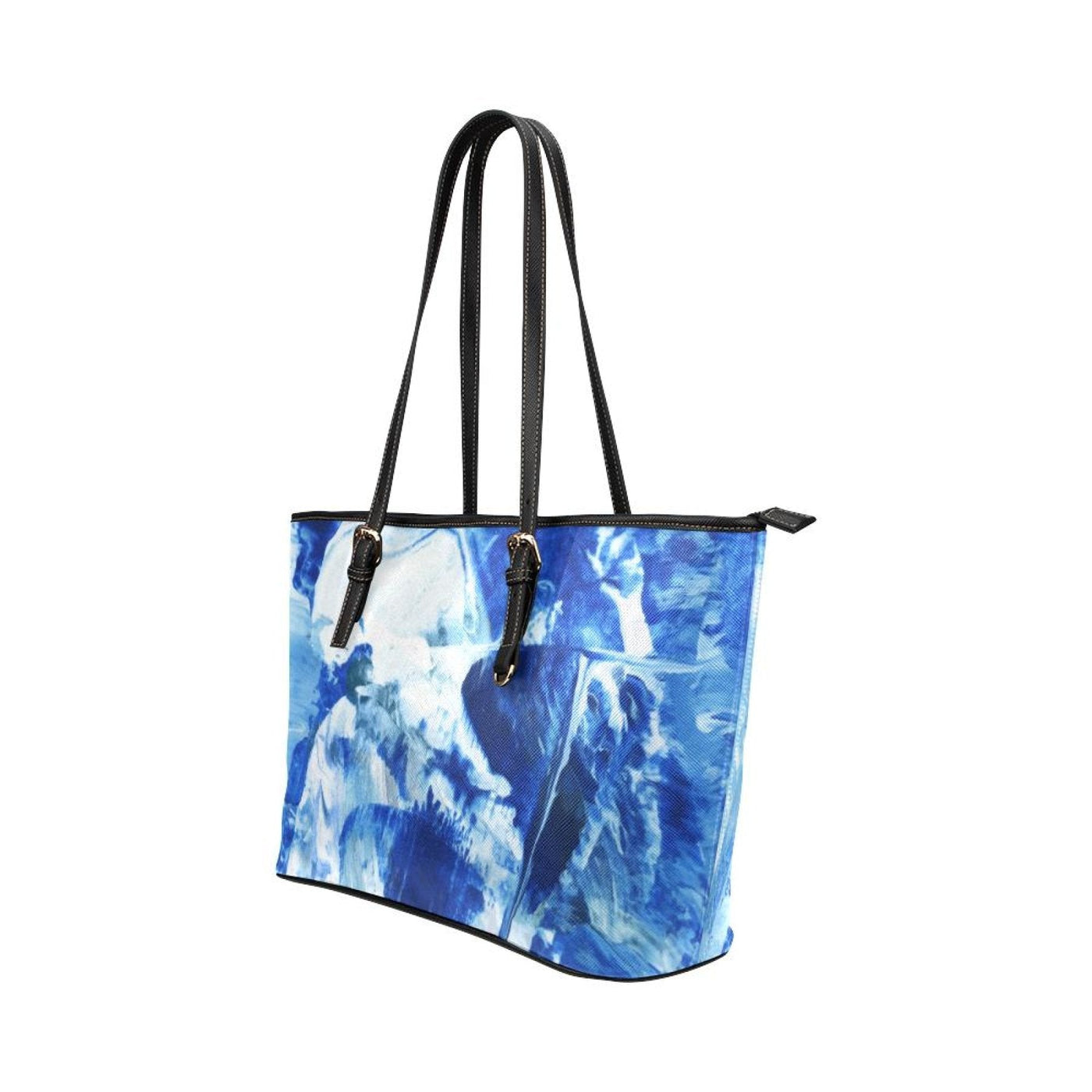Large Leather Tote Shoulder Bag - Blue And Black Swirl Pattern Illustration -