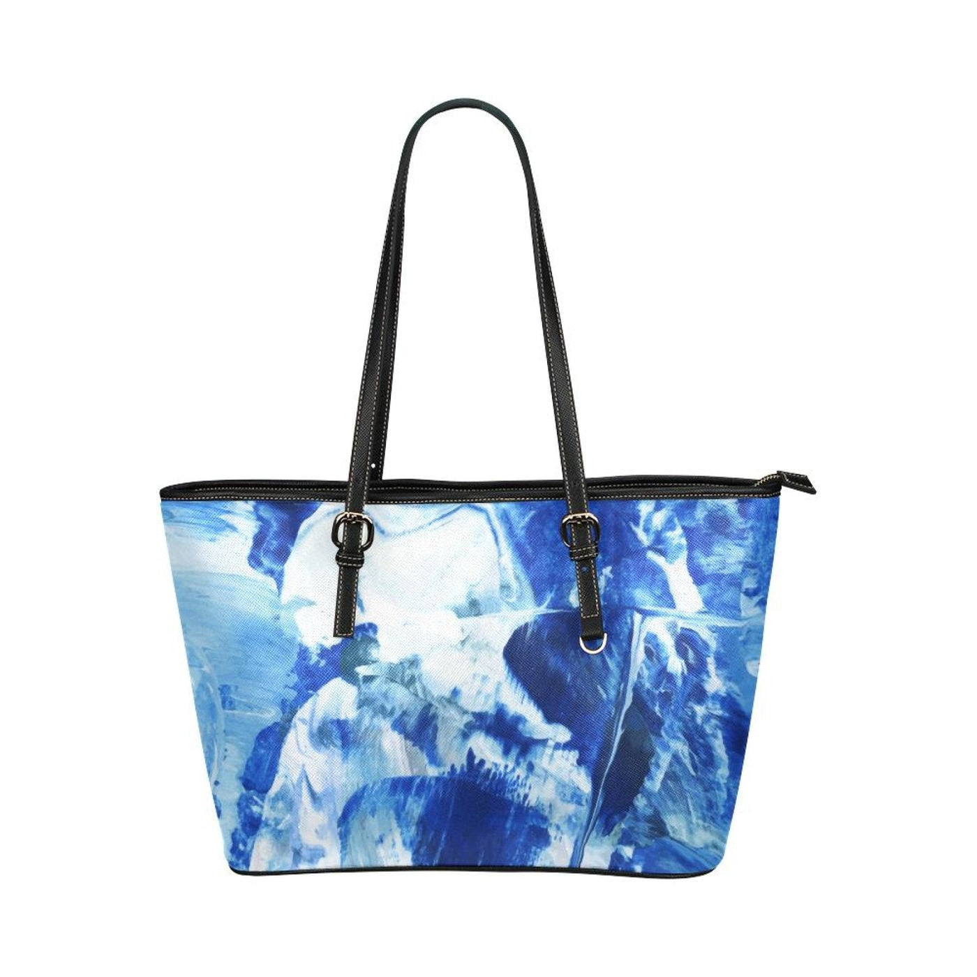 Large Leather Tote Shoulder Bag - Blue And Black Swirl Pattern Illustration -