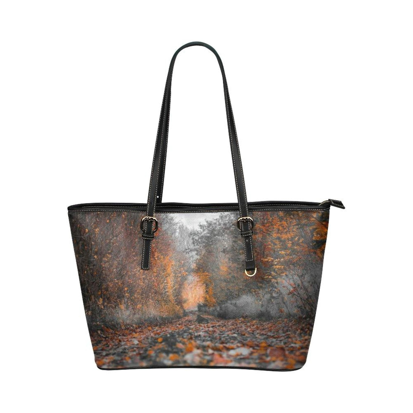 Large Leather Tote Shoulder Bag - Brown Autumn Pattern Illustration - Bags |