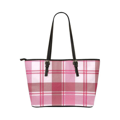Large Leather Tote Shoulder Bag - Pink And White Plaid Pattern Illustration -