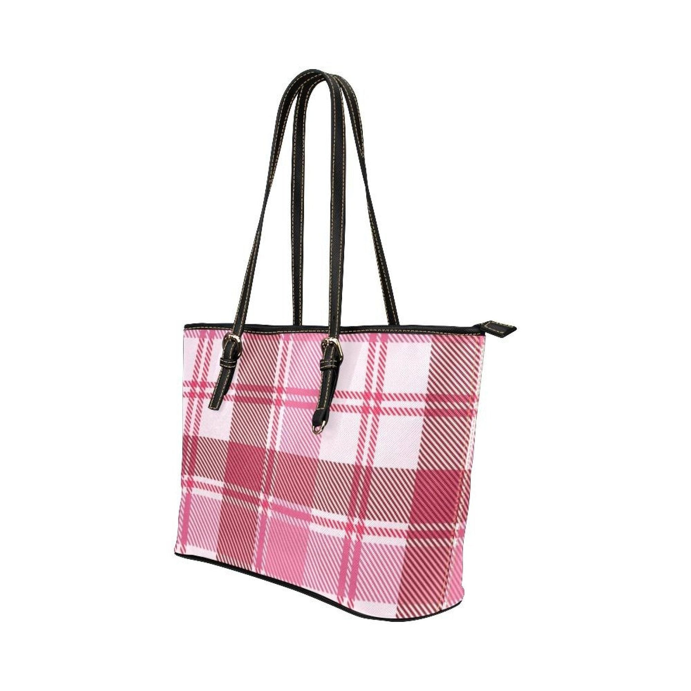 Large Leather Tote Shoulder Bag - Pink And White Plaid Pattern Illustration -
