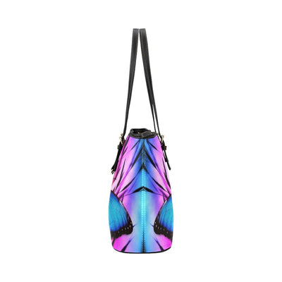 Large Leather Tote Shoulder Bag - Purple And Black Blue Butterfly Pattern