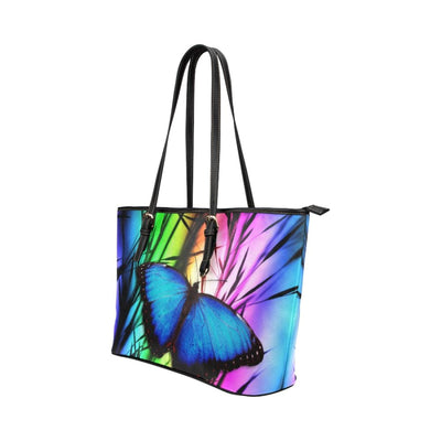 Large Leather Tote Shoulder Bag - Purple And Black Blue Butterfly Pattern