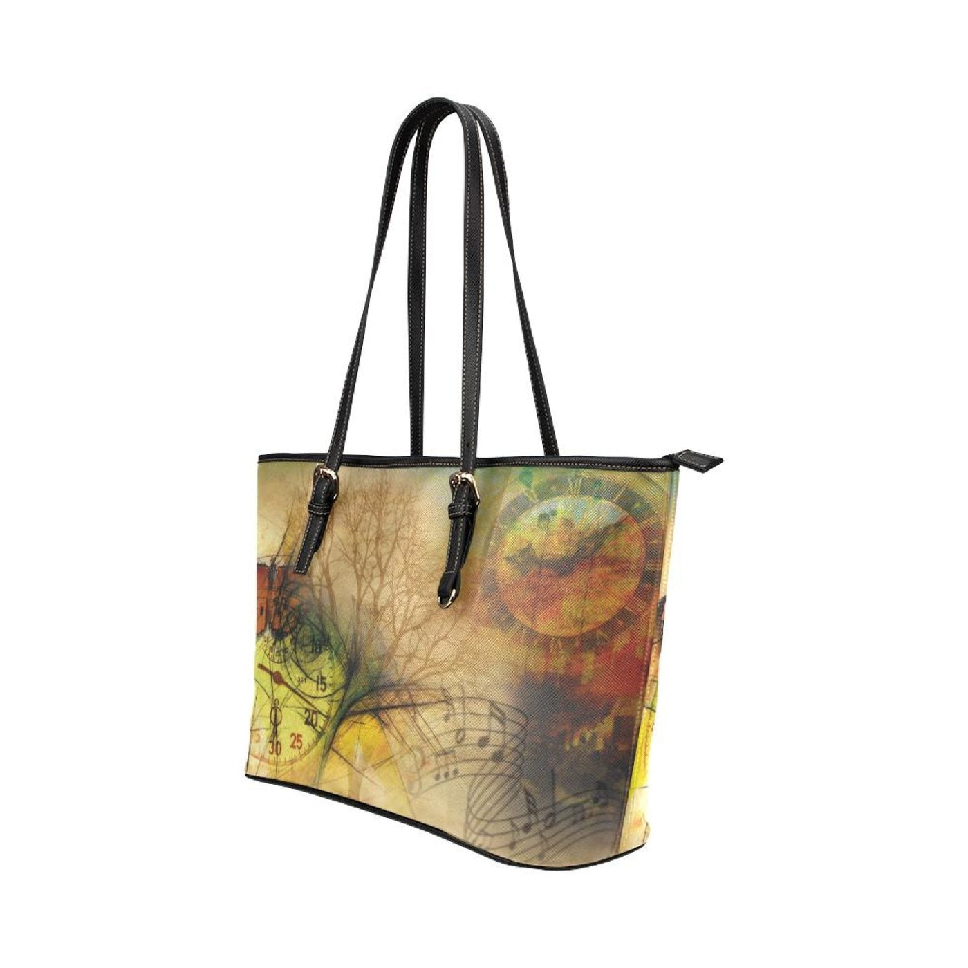 Large Leather Tote Shoulder Bag - Time Clock Pattern Illustration - Bags |