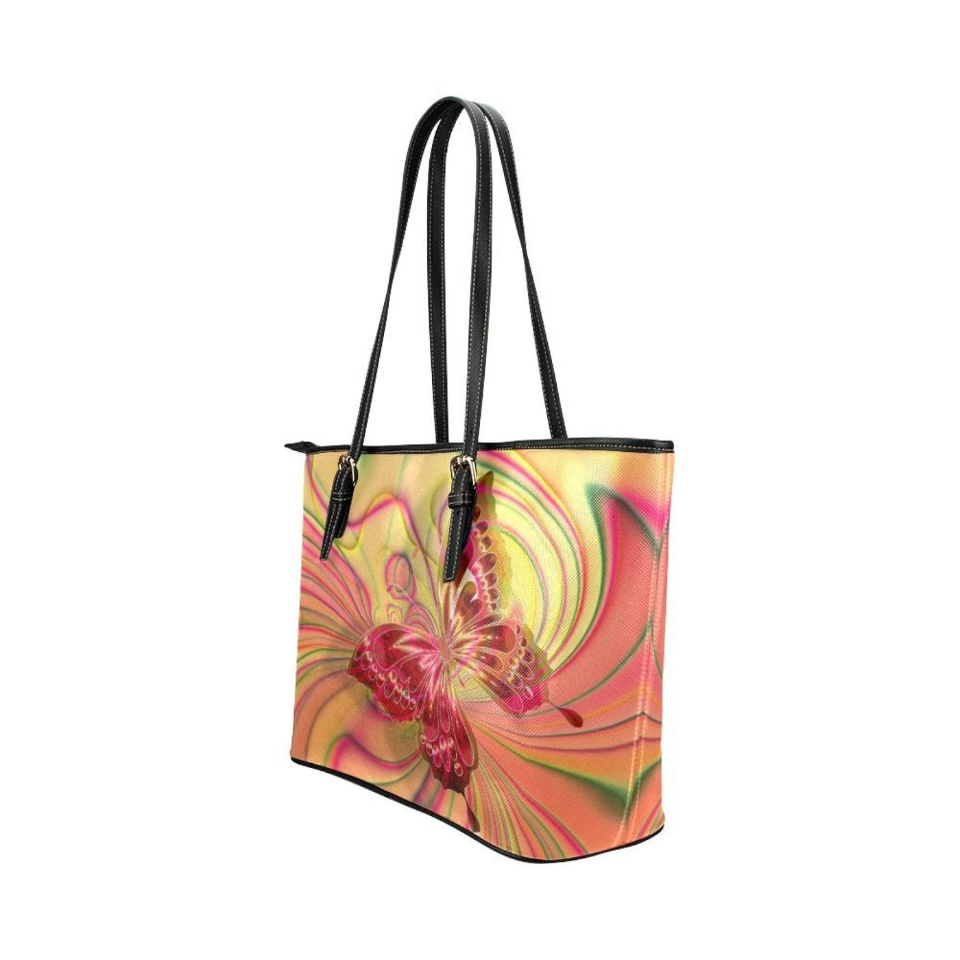 Large Leather Tote Shoulder Bag - Vibrant Butterfly Pattern Illustration - Bags