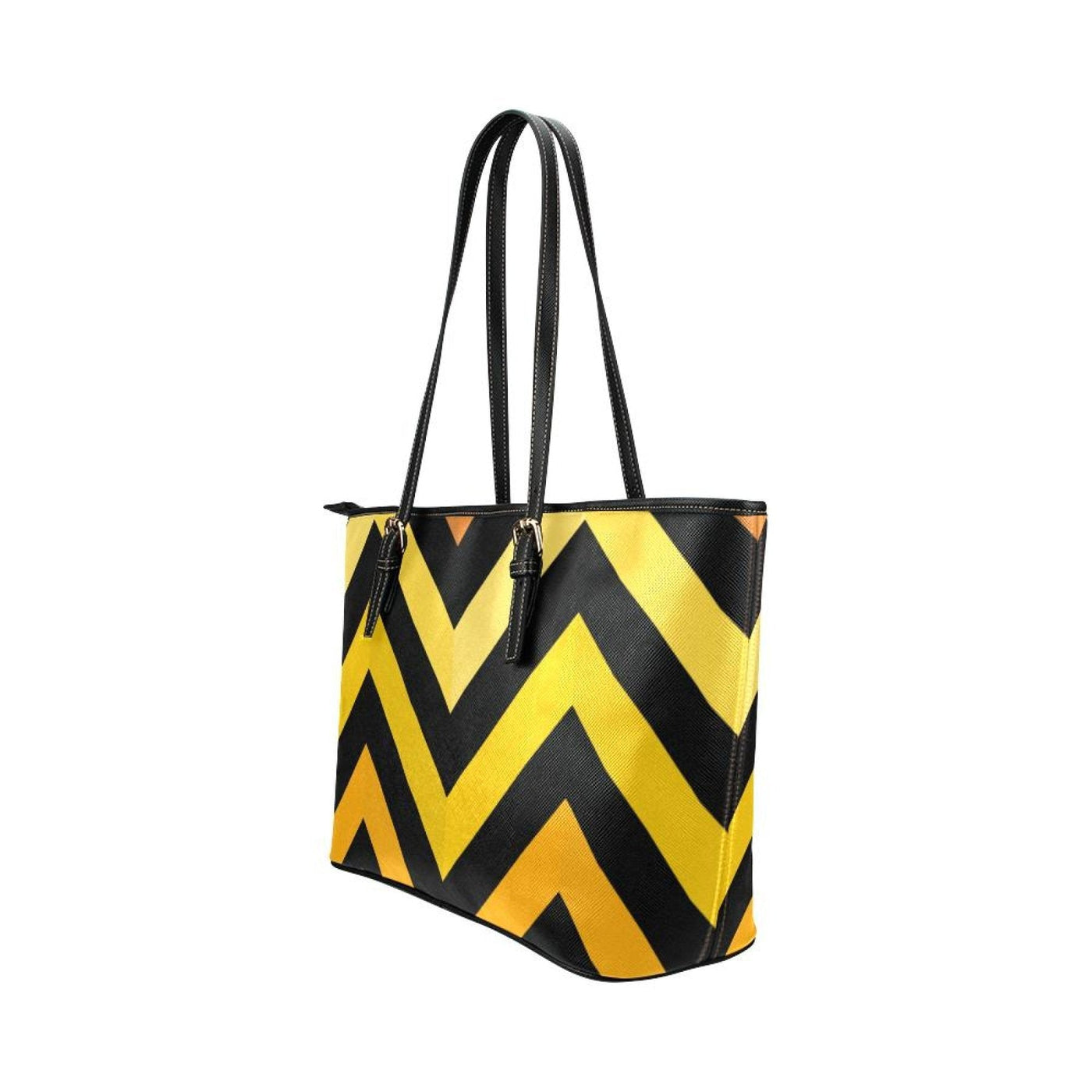Large Leather Tote Shoulder Bag - Yellow And Black Herringbone Pattern