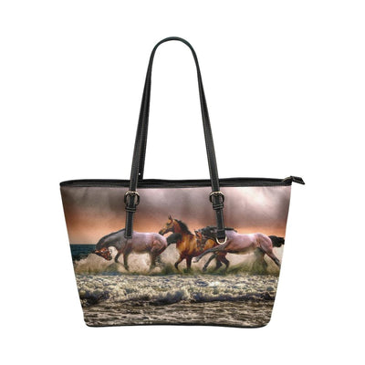 Large Leather Tote Shoulder Bag - Brown Wild Horses Illustration - Bags