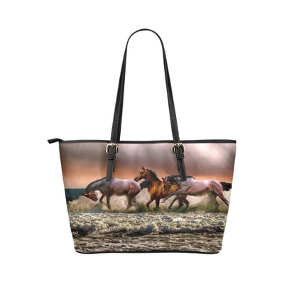 Large Leather Tote Shoulder Bag - Brown Wild Horses Illustration - Bags