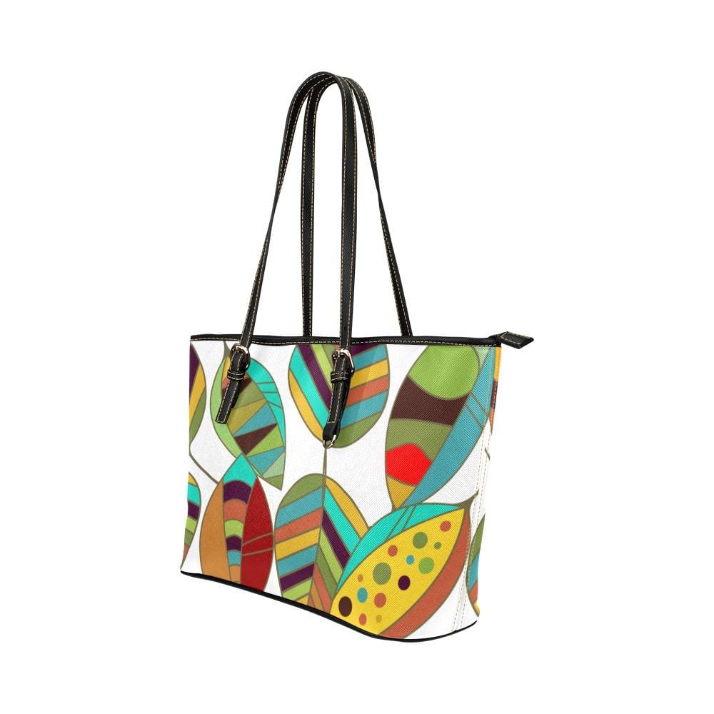 Large Leather Tote Shoulder Bag - Floral Multicolor Illustration - Bags/Leather