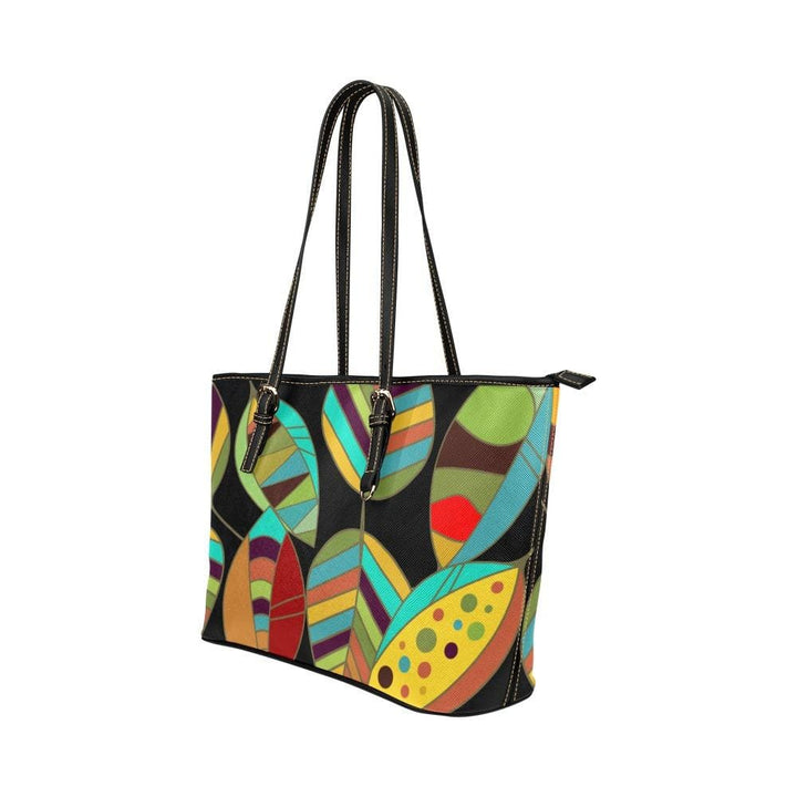 Large Leather Tote Shoulder Bag - Floral Multicolor Illustration - Bags/Leather