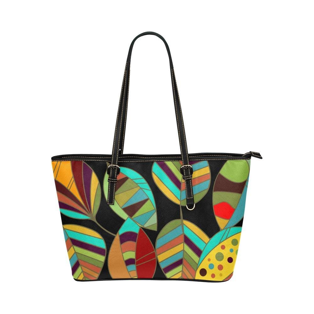 Large Leather Tote Shoulder Bag - Floral Multicolor Illustration - Bags/Leather