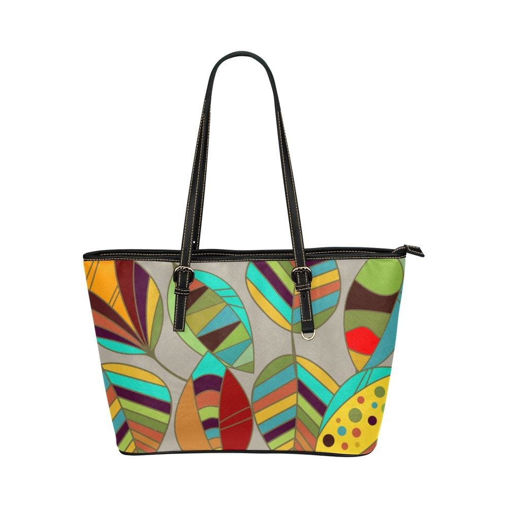 Large Leather Tote Shoulder Bag - Floral Multicolor Illustration - Bags/Leather