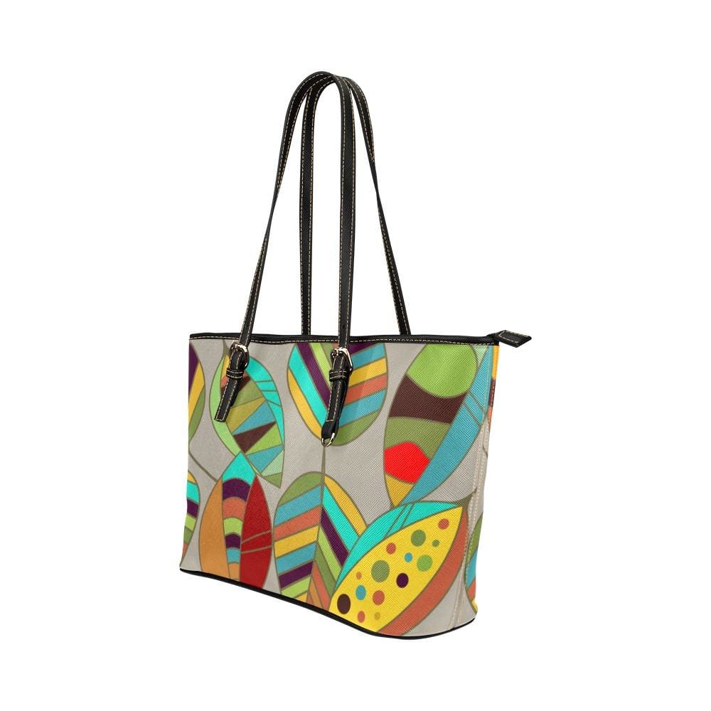 Large Leather Tote Shoulder Bag - Floral Multicolor Illustration - Bags/Leather