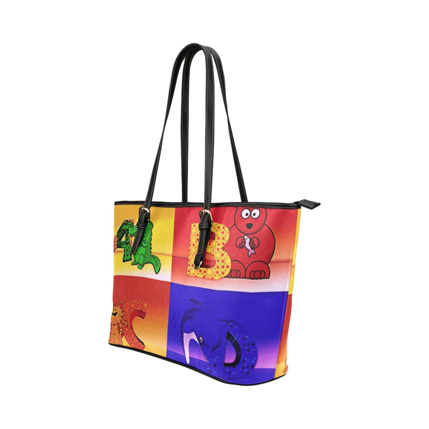 Large Leather Tote Shoulder Bag - Abcd Multicolor Illustration - Bags | Leather
