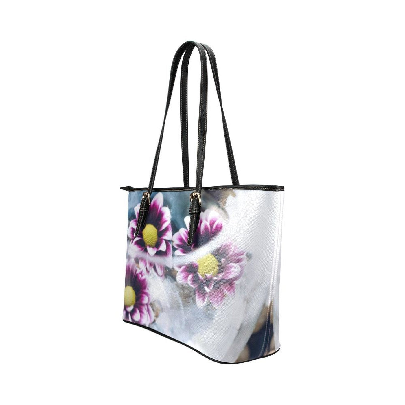 Large Leather Tote Shoulder Bag - Purple Floral Illustration Bags