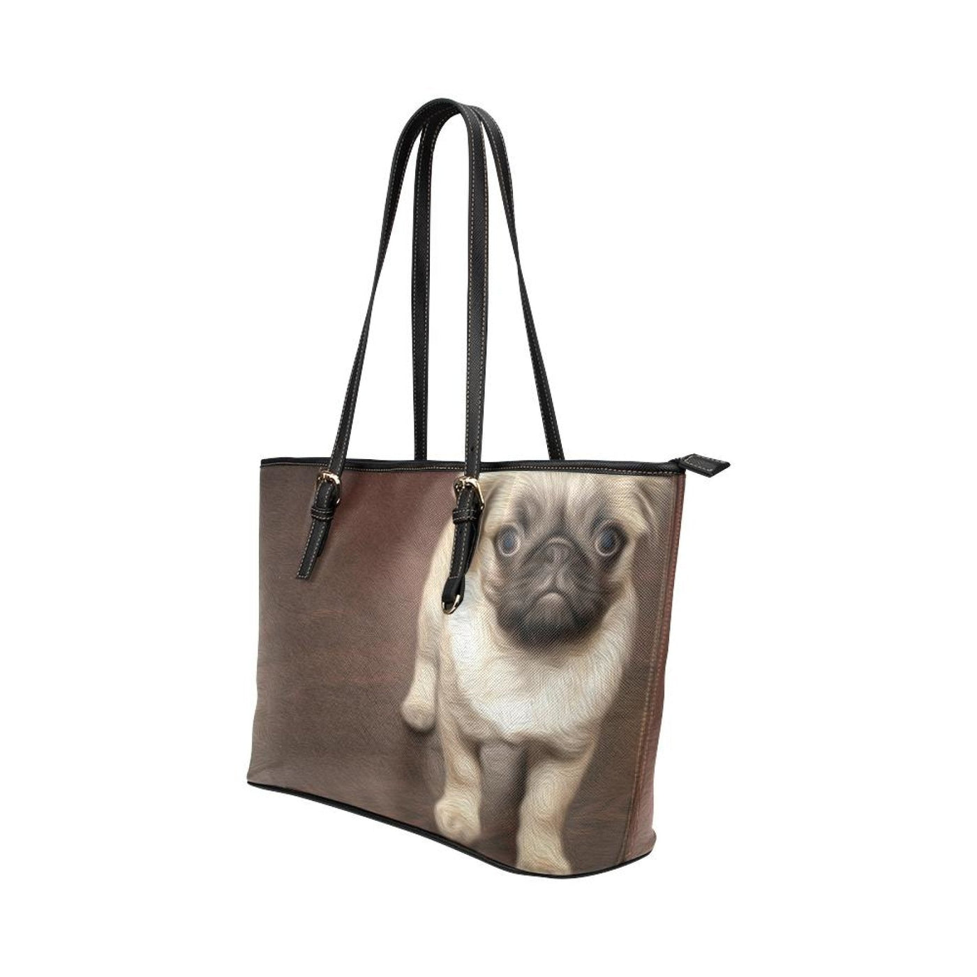 Large Leather Tote Shoulder Bag - With Adorable Pug Oil Paint Design - Bags |