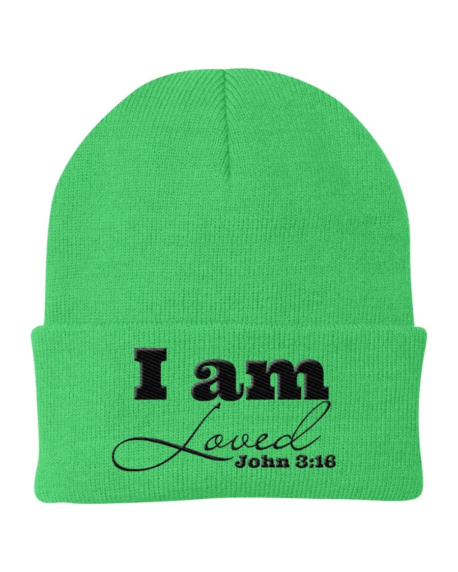 Beanie Cap - Embroidered / Cuffed Knit Hat / i am Loved - John 3:16 - Unisex