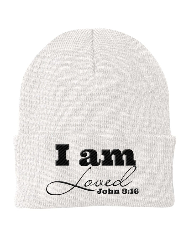 Beanie Cap - Embroidered / Cuffed Knit Hat / i am Loved - John 3:16 - Unisex