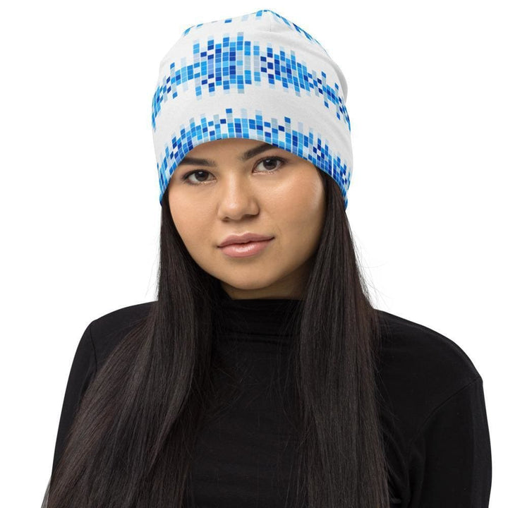 Beanie Hat - Blue and White Square Style Slouchy Beanie Men/women - Unisex