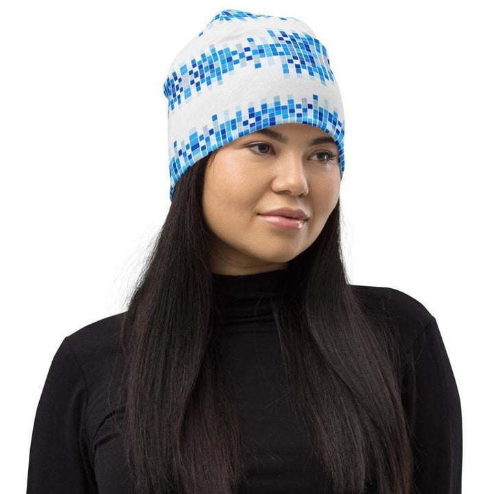 Beanie Hat - Blue and White Square Style Slouchy Beanie Men/women - Unisex