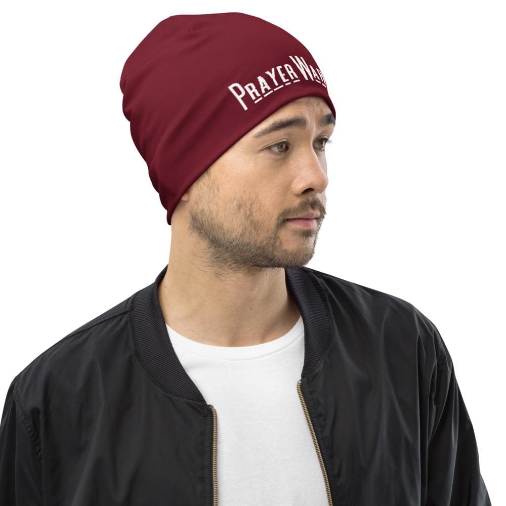 Beanie Hat - Burgundy Slouchy Beanie Prayer Warrior Print Men/women - Unisex